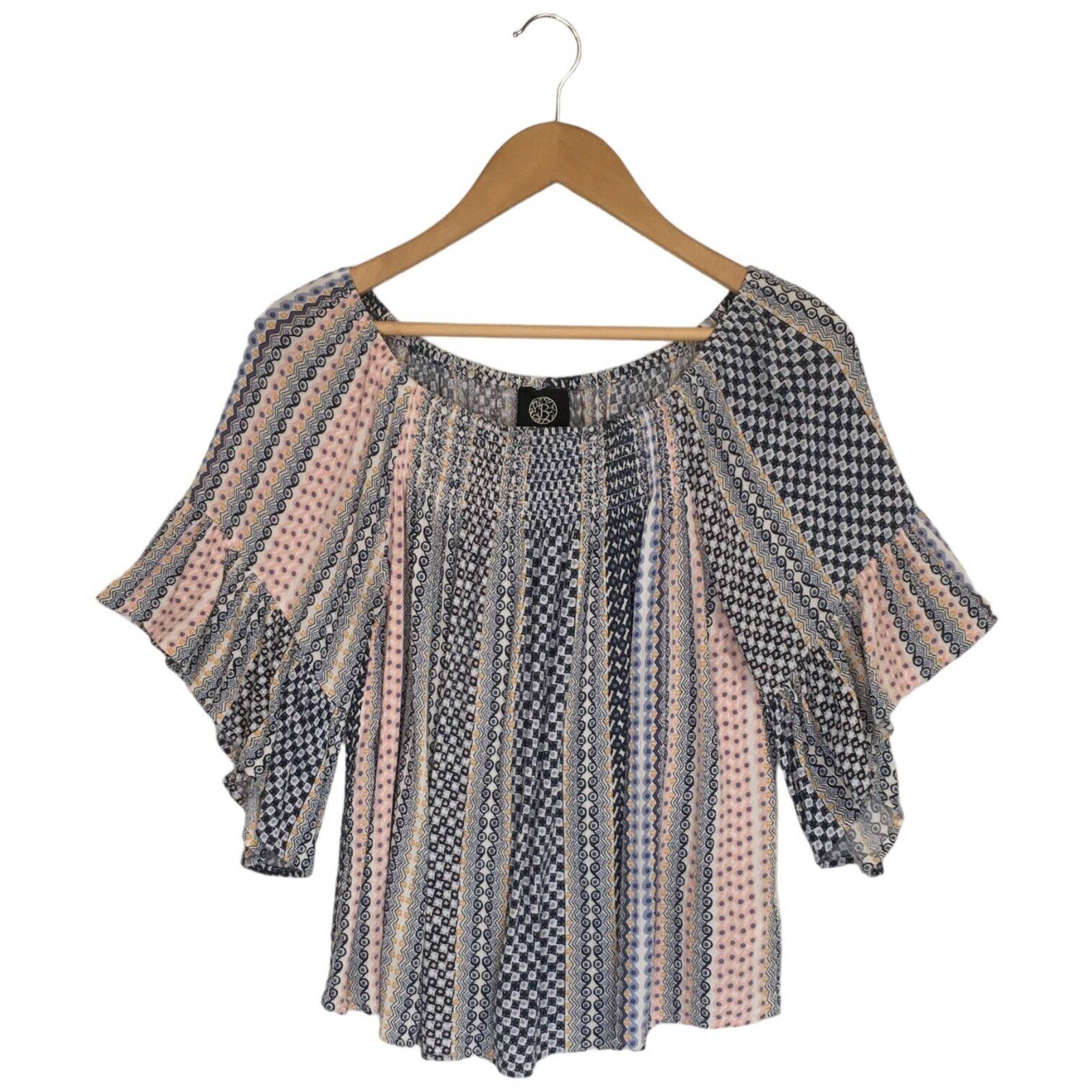 Bobeau Womens Size S Short Flutter Sleeve Flowy Top Geometric Print Blue